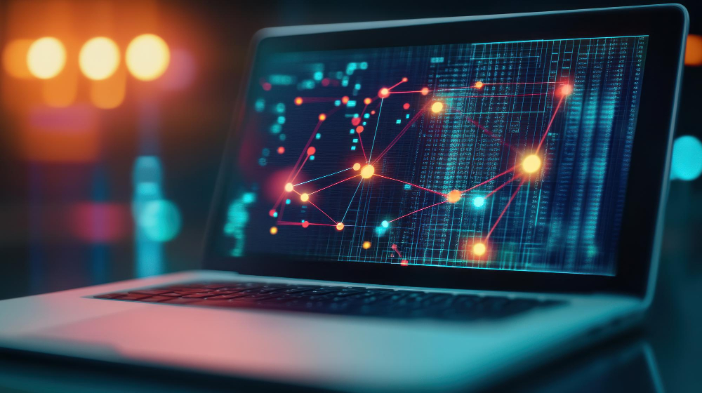 Produtividade da equipe de redes: tela de notebook com elementos tecnológicos.